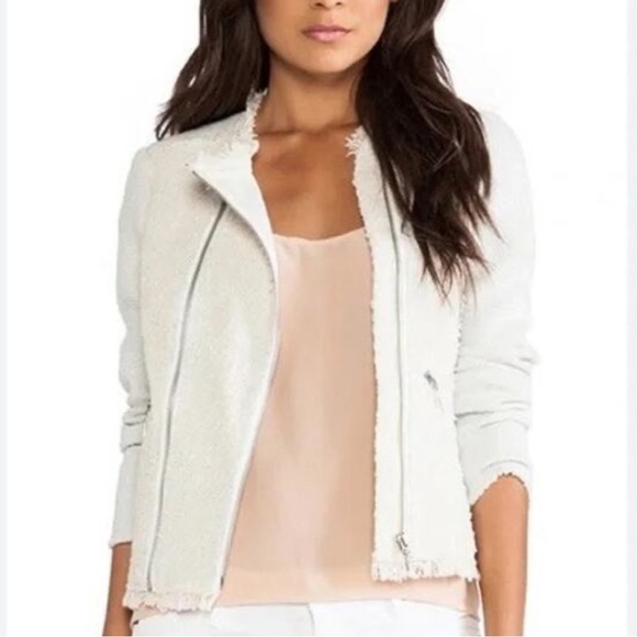 REBECCA TAYLOR Off White Tweed Boucle Knit Moto Jacket Size 2 - Picture 2 of 15